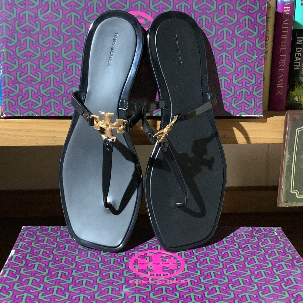 Tory Burch Black Sandals with Gold Logo